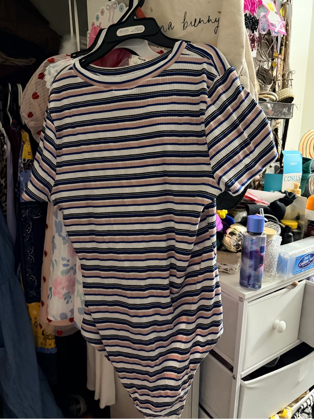 Ambiance Striped Ribbed Short-Sleeve Bodysuit — Navy, Pink & White